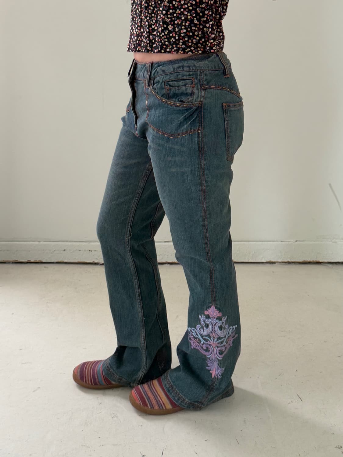 일본빈티지 페어리코어 자수 부츠컷데님 상품이미지1