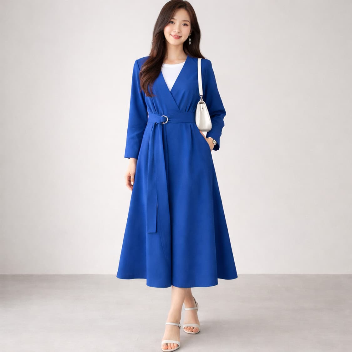 COS 브이넥 벨티드 울 원피스 블루 세미루즈핏 상품이미지1