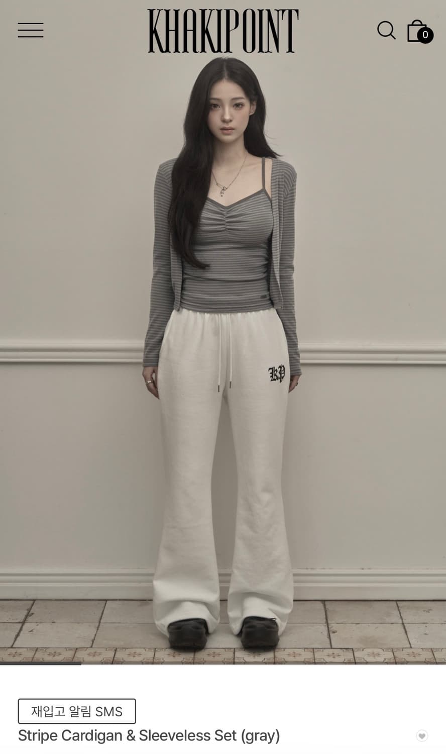 카키포인트 스트라이프 가디건 & 슬리브리스 세트 그레이 상품이미지2