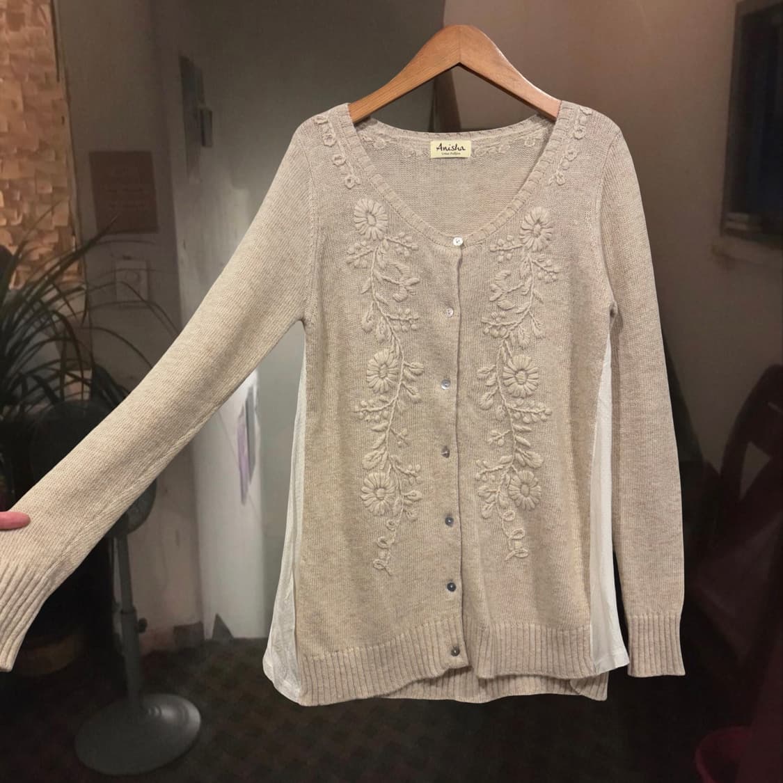 일본 빈티지 오트밀 플라워 자수 배색 울혼방 모리 가디건 상품이미지2