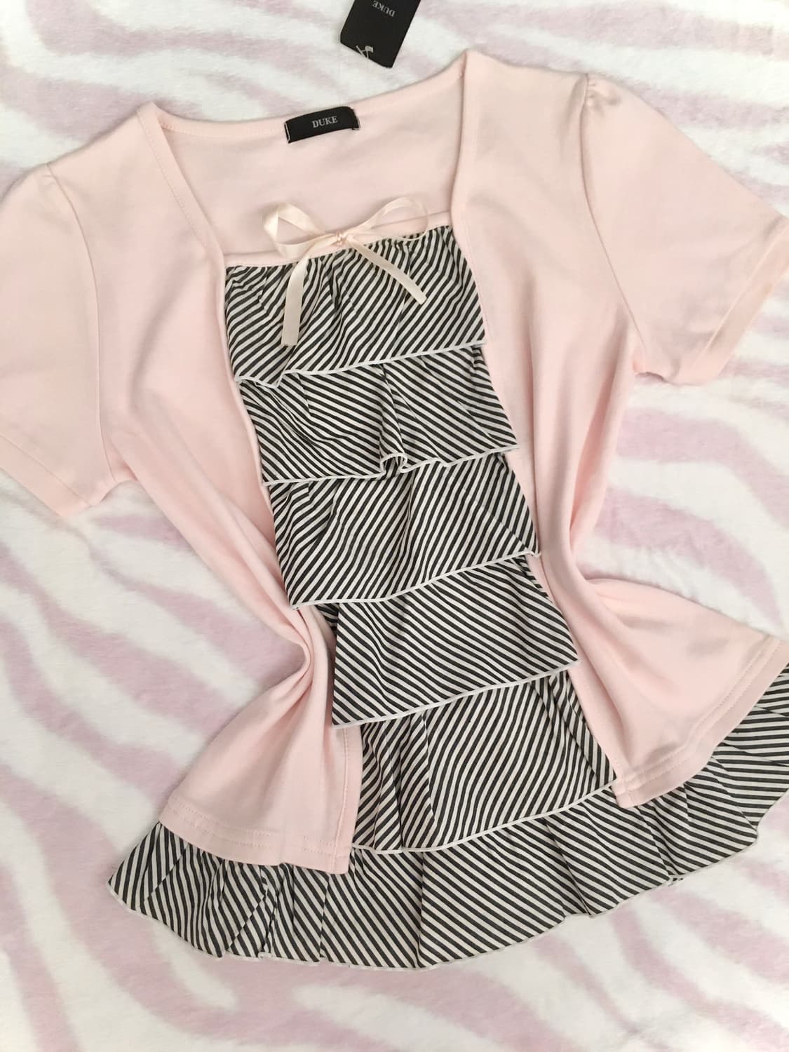 핑크 스트라이프 프릴 리본 로걀탑 히메갸루 러블리 블라우스 상품이미지2