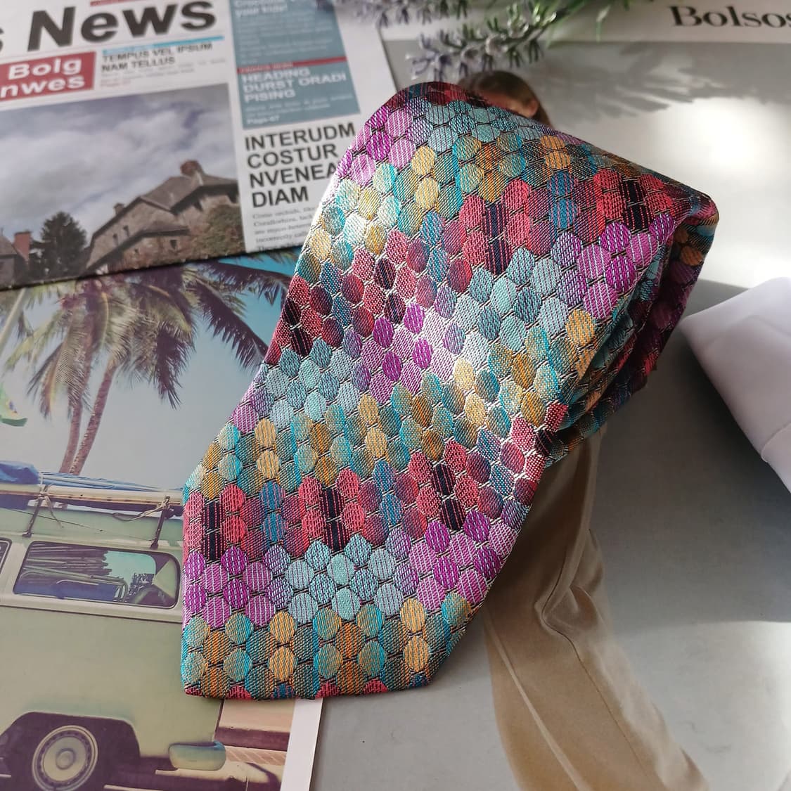 미쏘니 실크 멀티컬러 스케일 패턴 넥타이 8.8cm A+등급 A18850 상품이미지3