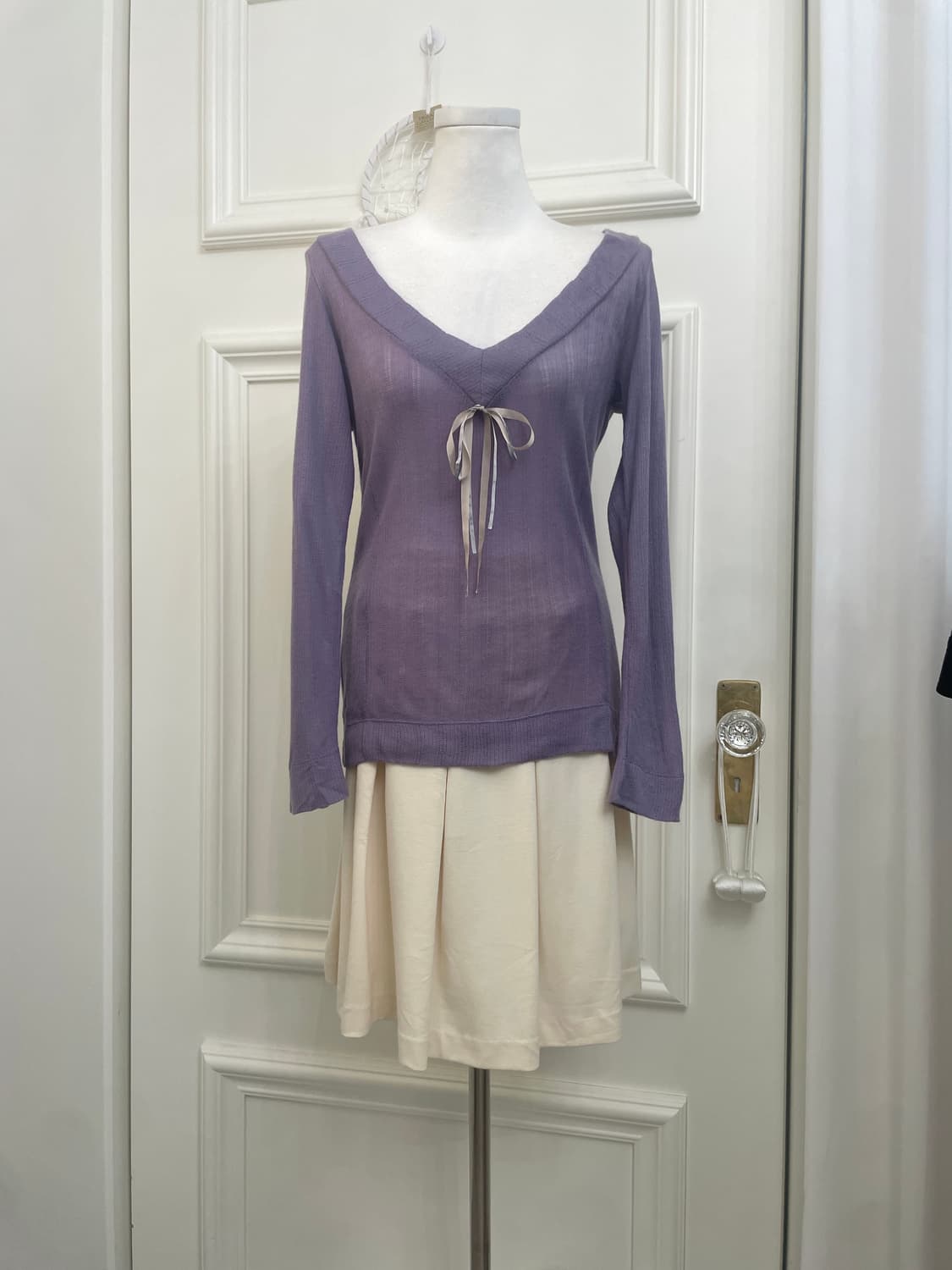purple satin bow v-neck knit top 상품이미지2