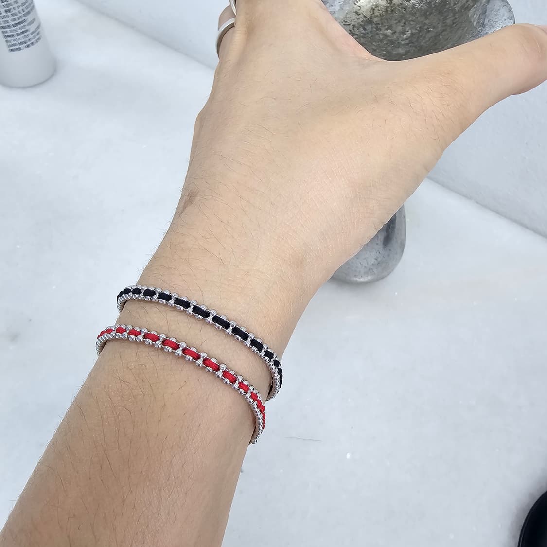 925silver 실크줄 은체인 팔찌(red/black) 상품이미지3