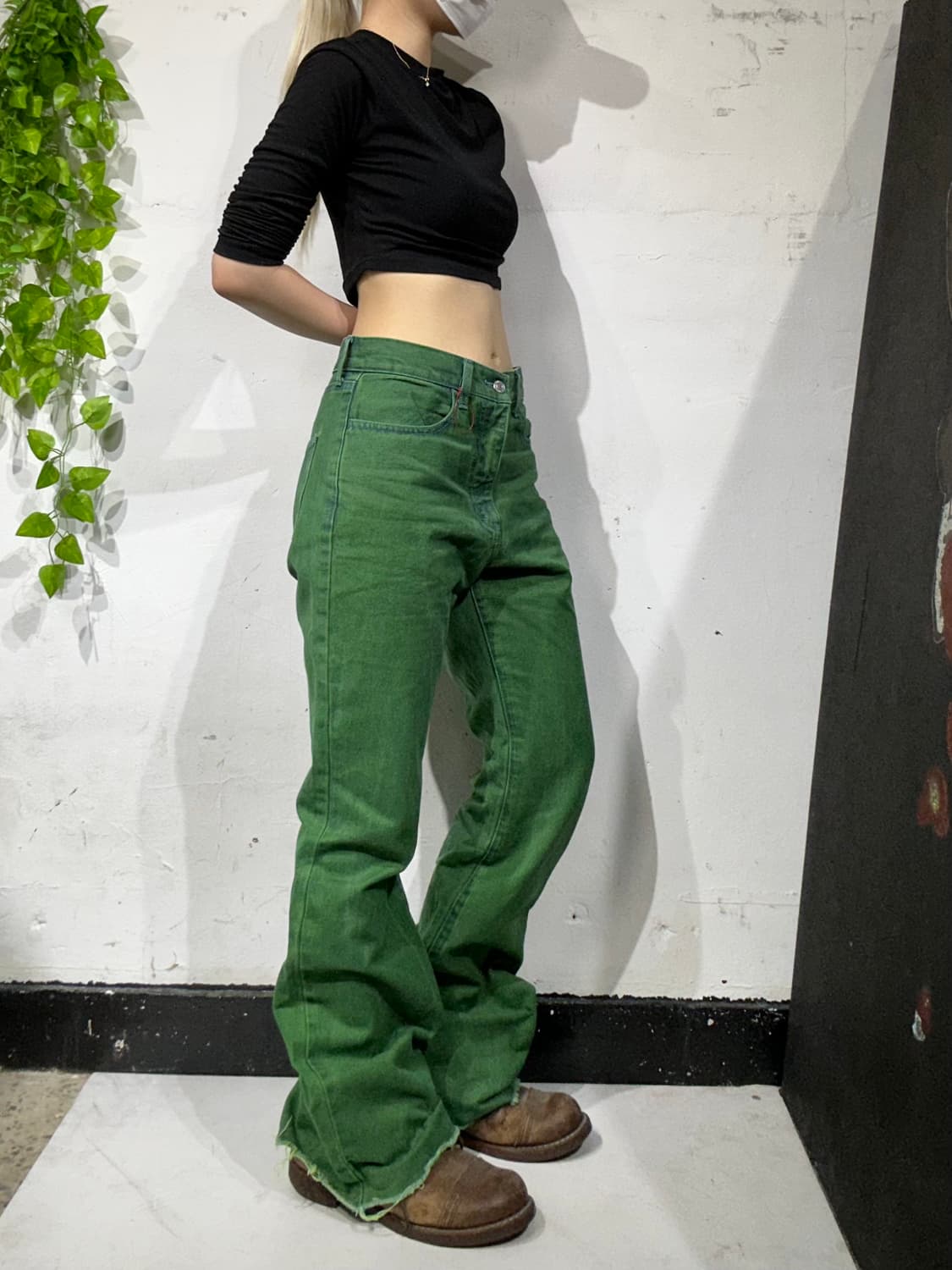 일본 빈티지 워싱 그린 부츠컷 와이드 데님 팬츠 새깅 청바지 상품이미지1