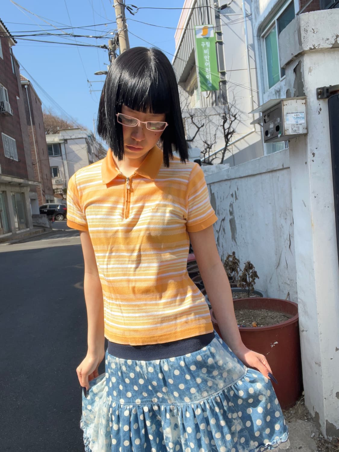 닥스 오렌지 스트라이프 카라 반팔티 상품이미지1