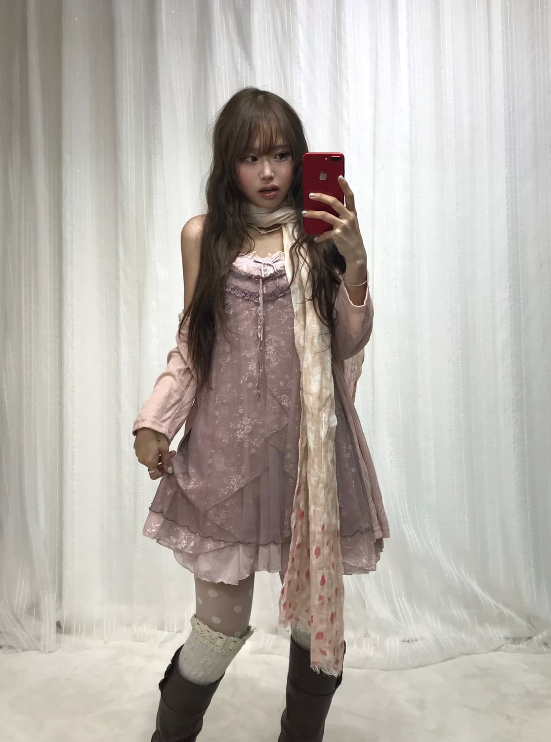 뮤트핑크 페어리 레이스 란제리코어 시스루 원피스 코디세트 상품이미지3