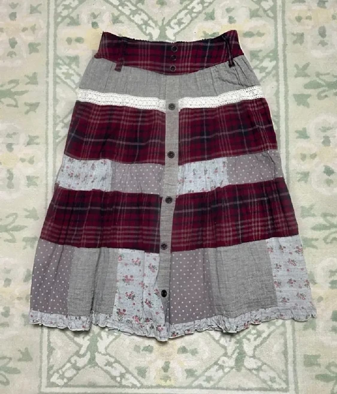 빈티지 패치스커트 패치워크 모리걸 하구미 페어리 레드 딸기 체크 잔꽃 상품이미지2