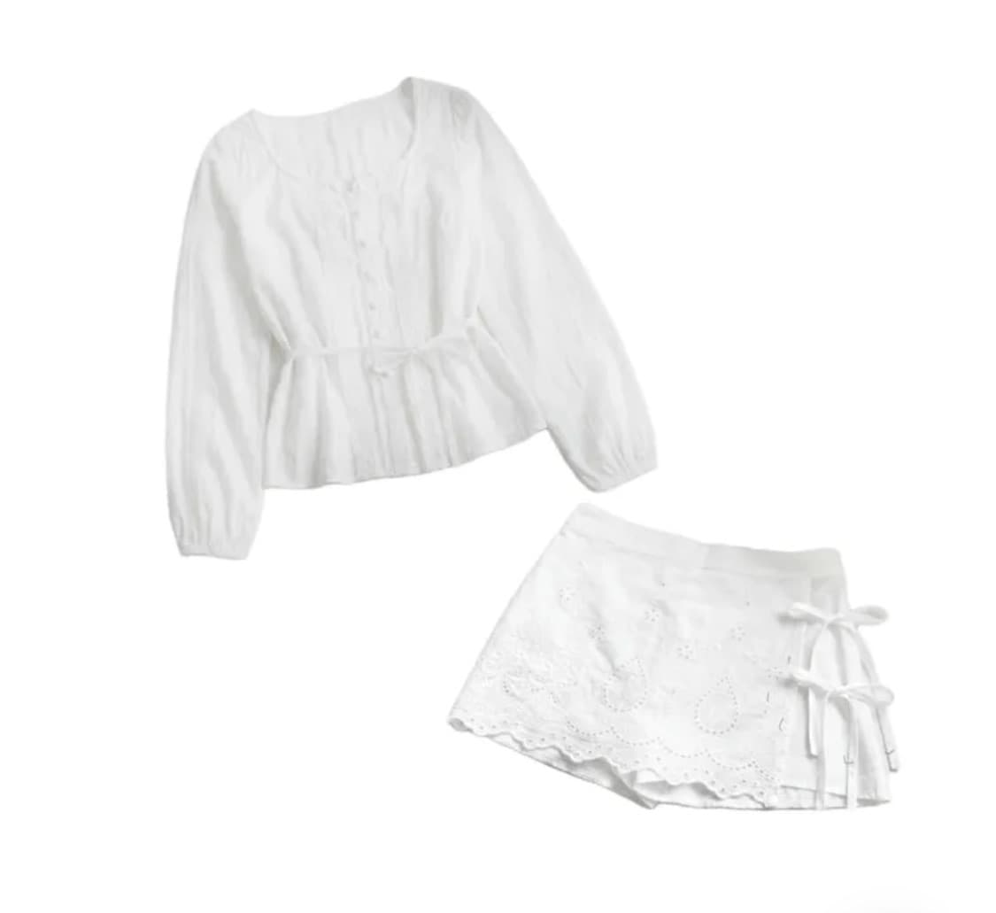 셔링 화이트 보헤미안 블라우스 셋업 상품이미지1