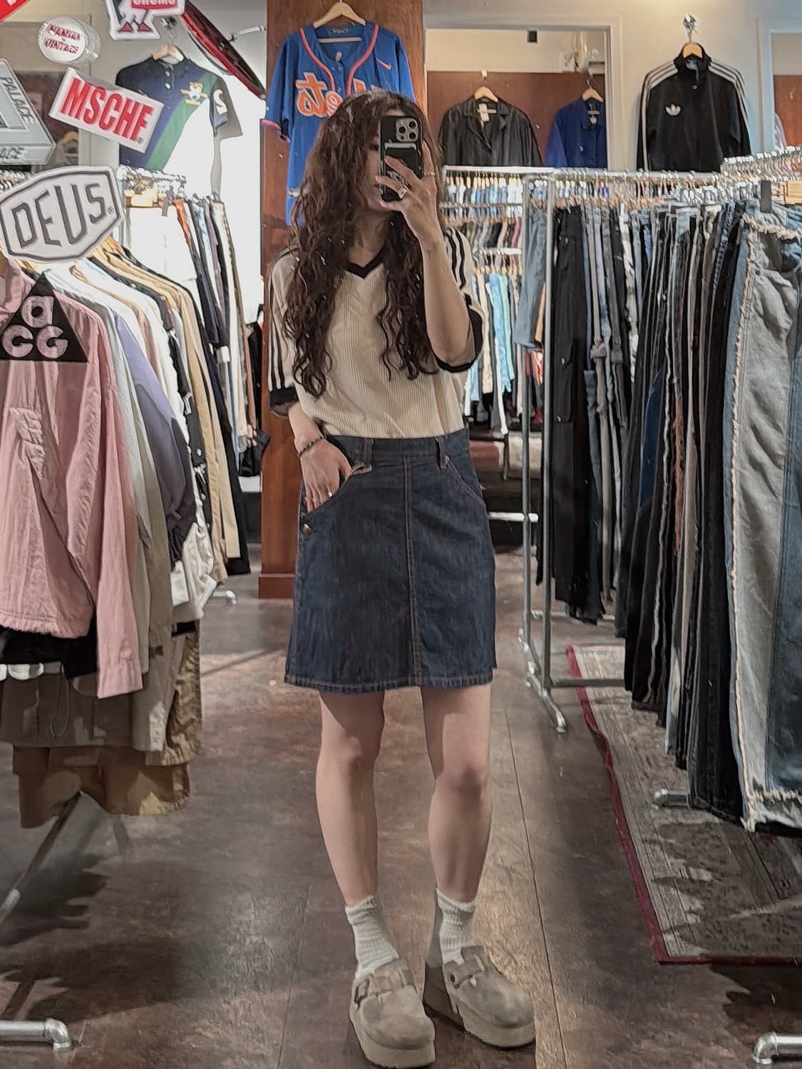 BEAMS 빔즈 보이 생지 버튼 레드 스티치 데님 미니 스커트 30 상품이미지8