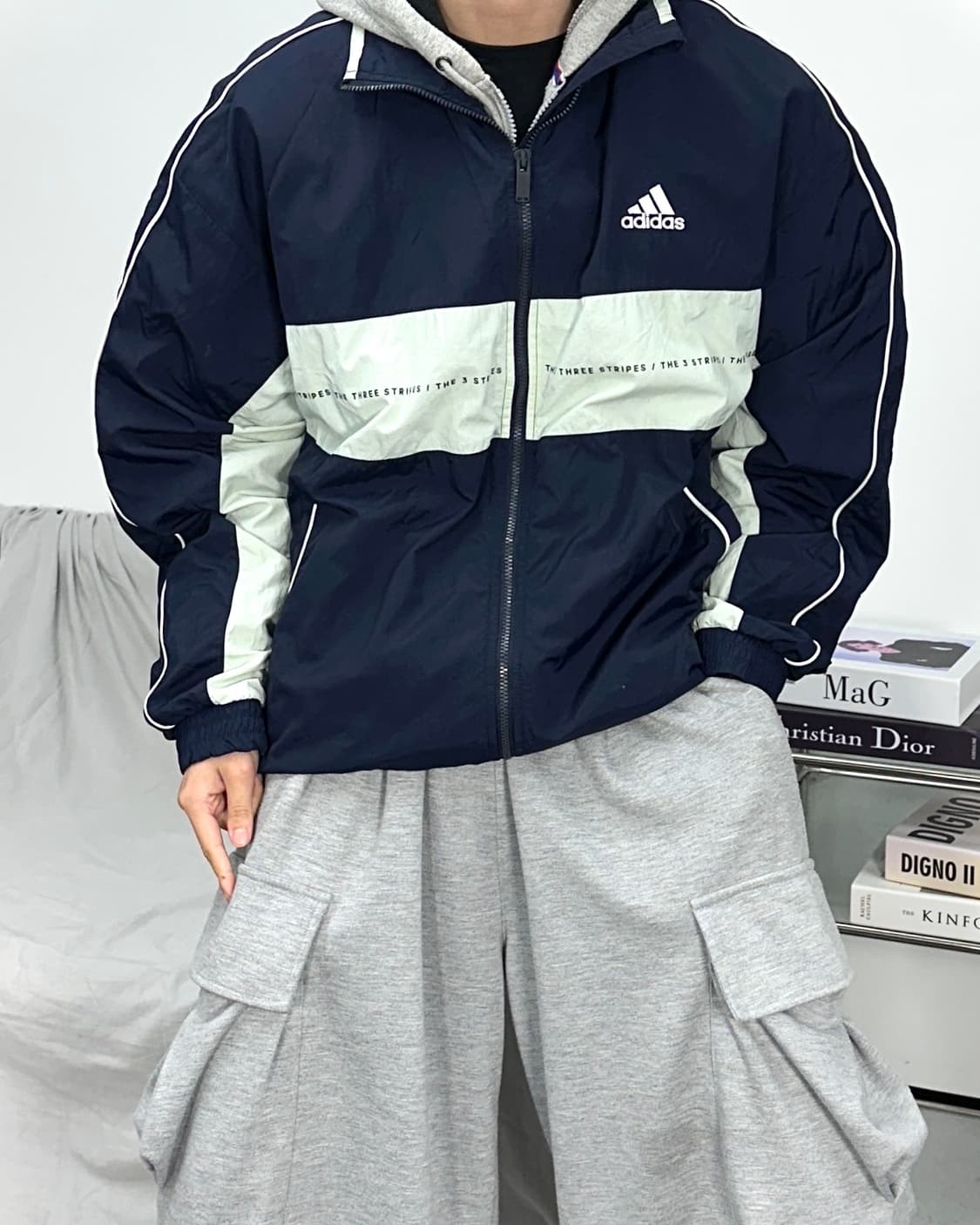 아디다스 네이비 배색 우븐 바람막이 L 상품이미지2
