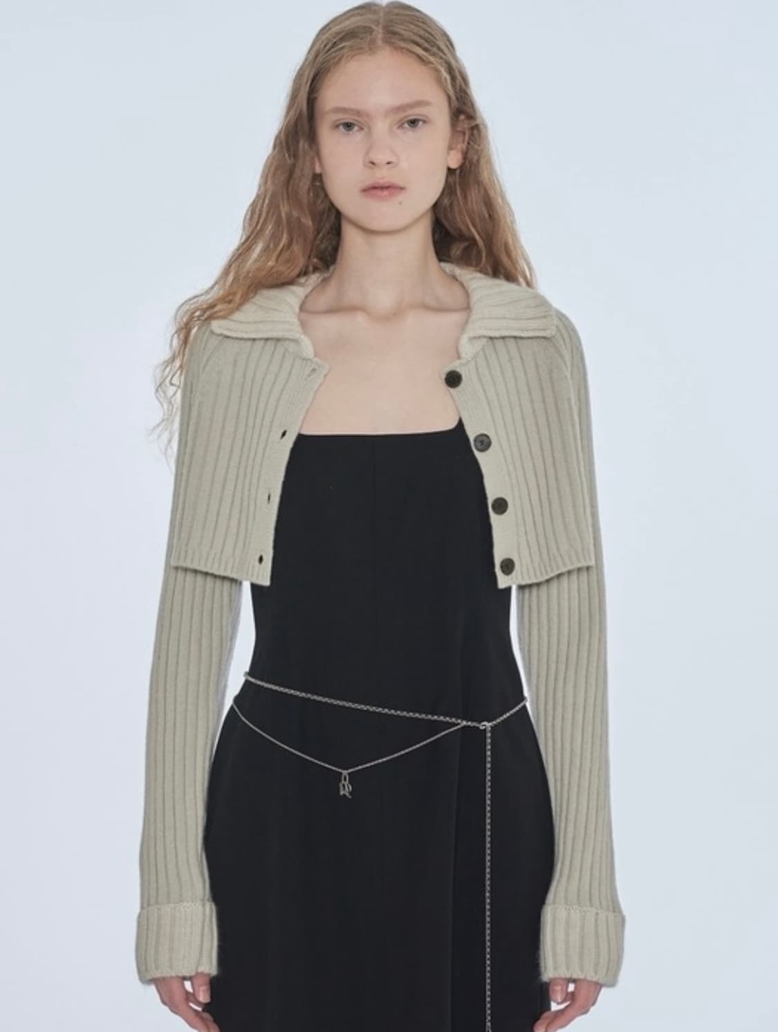 택O) 다이애그널 리브드 카라 볼레로 가디건 그레이 상품이미지2