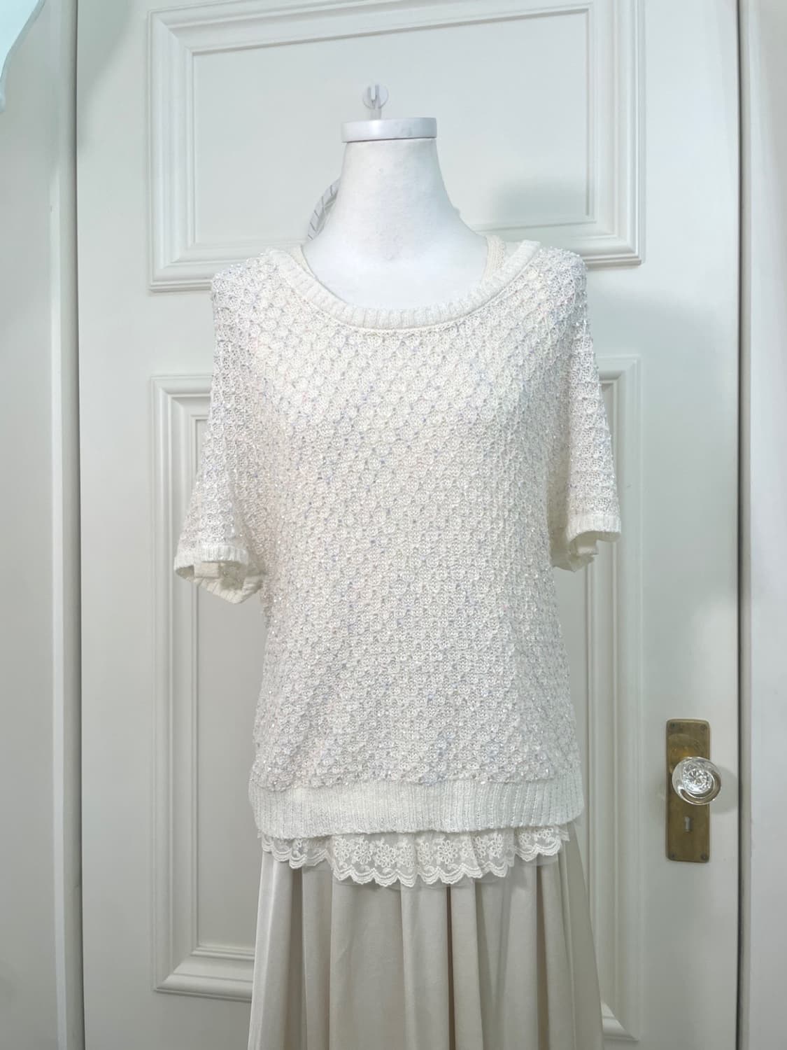 ivory pastel sleeve button crochet knit 상품이미지1