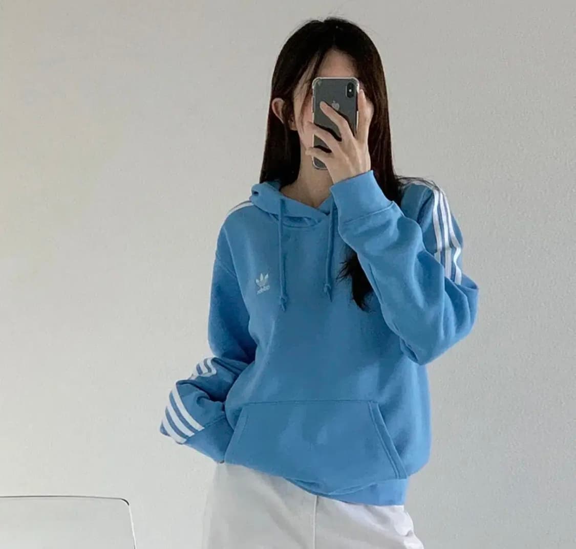아디다스 클래식 삼선 세미블루 기모 후드티 상품이미지1