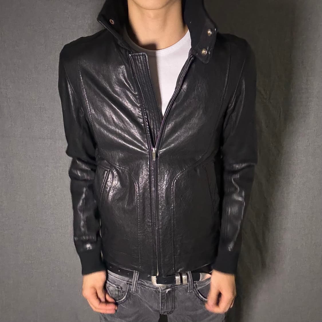 high neck slimfit lamb skin jacket 상품이미지5