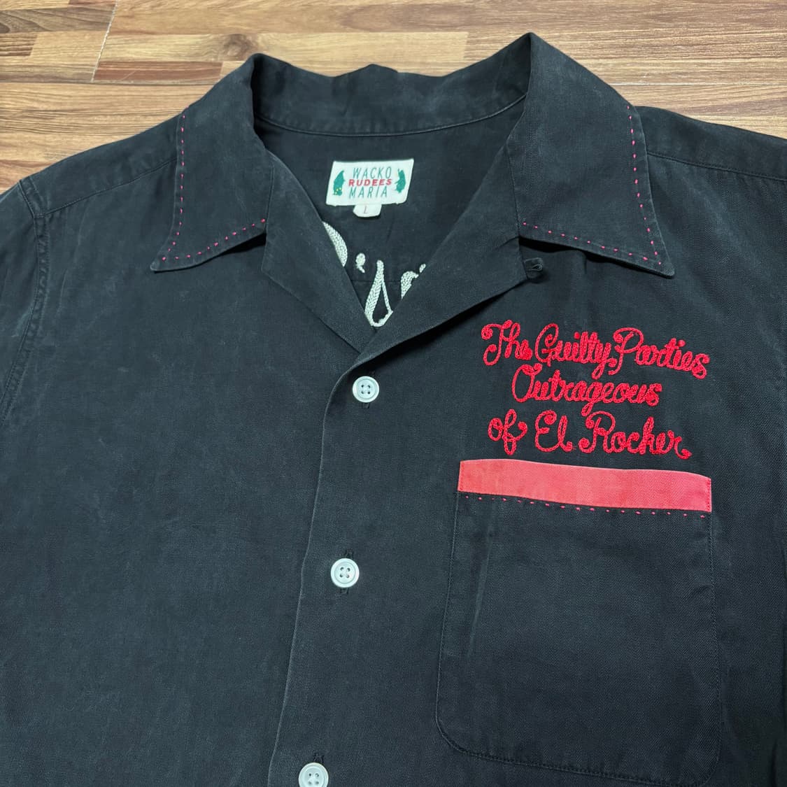 와코마리아 오픈 카라 체인 자수 블랙 볼링 셔츠 셔켓 상품이미지2