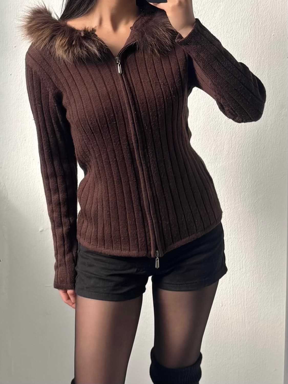 Vintage Brown Two-Way Fur Hood Zip-Up 상품이미지2