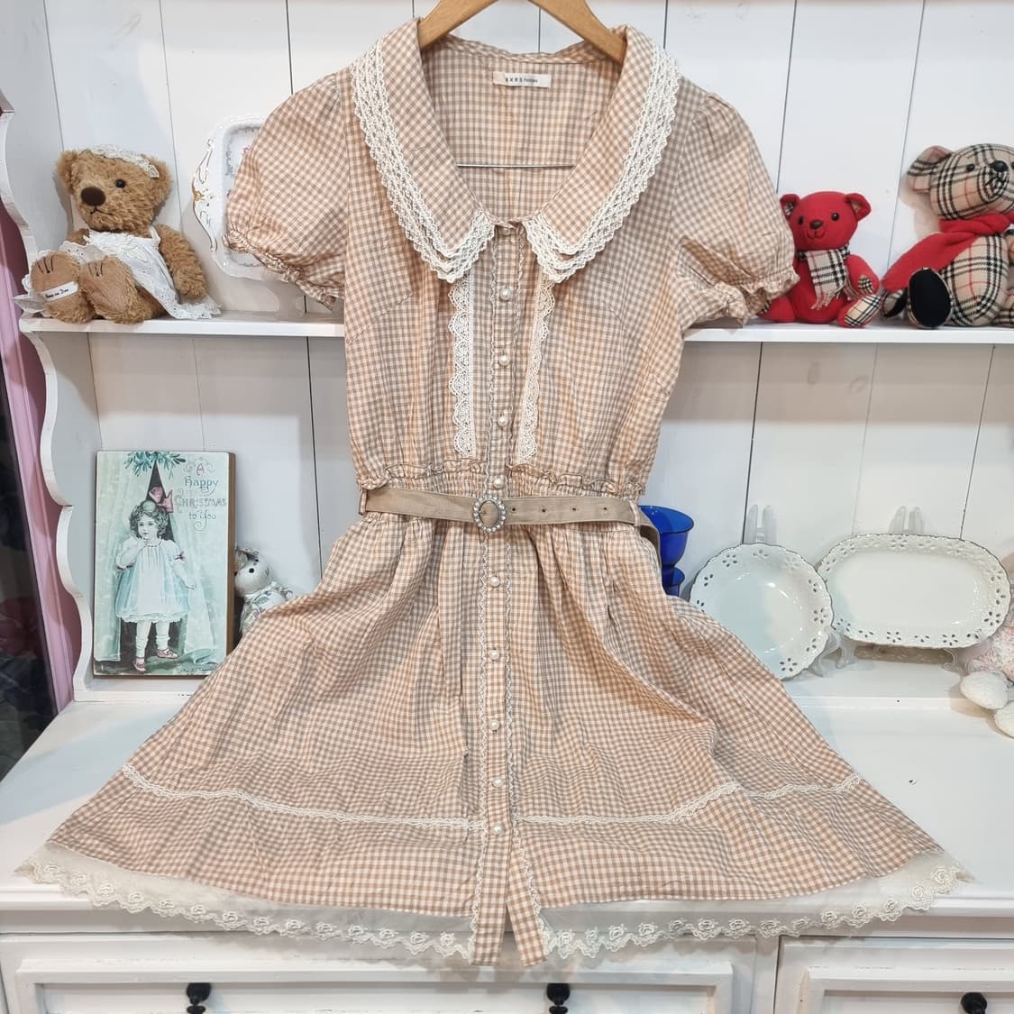 axes femme베이지 체크 레이스카라 원피스 상품이미지1