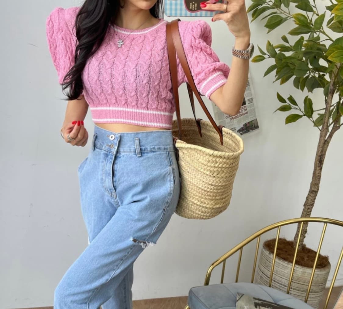 핑크 케이블 크롭 반팔 니트 (F) 상품이미지1