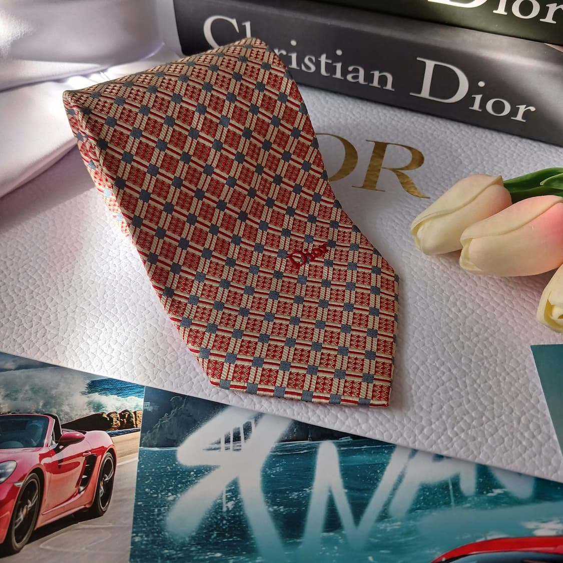 크리스찬 디올 실크 레드 체크 패턴 넥타이 9.2cm B등급 A18830 상품이미지2