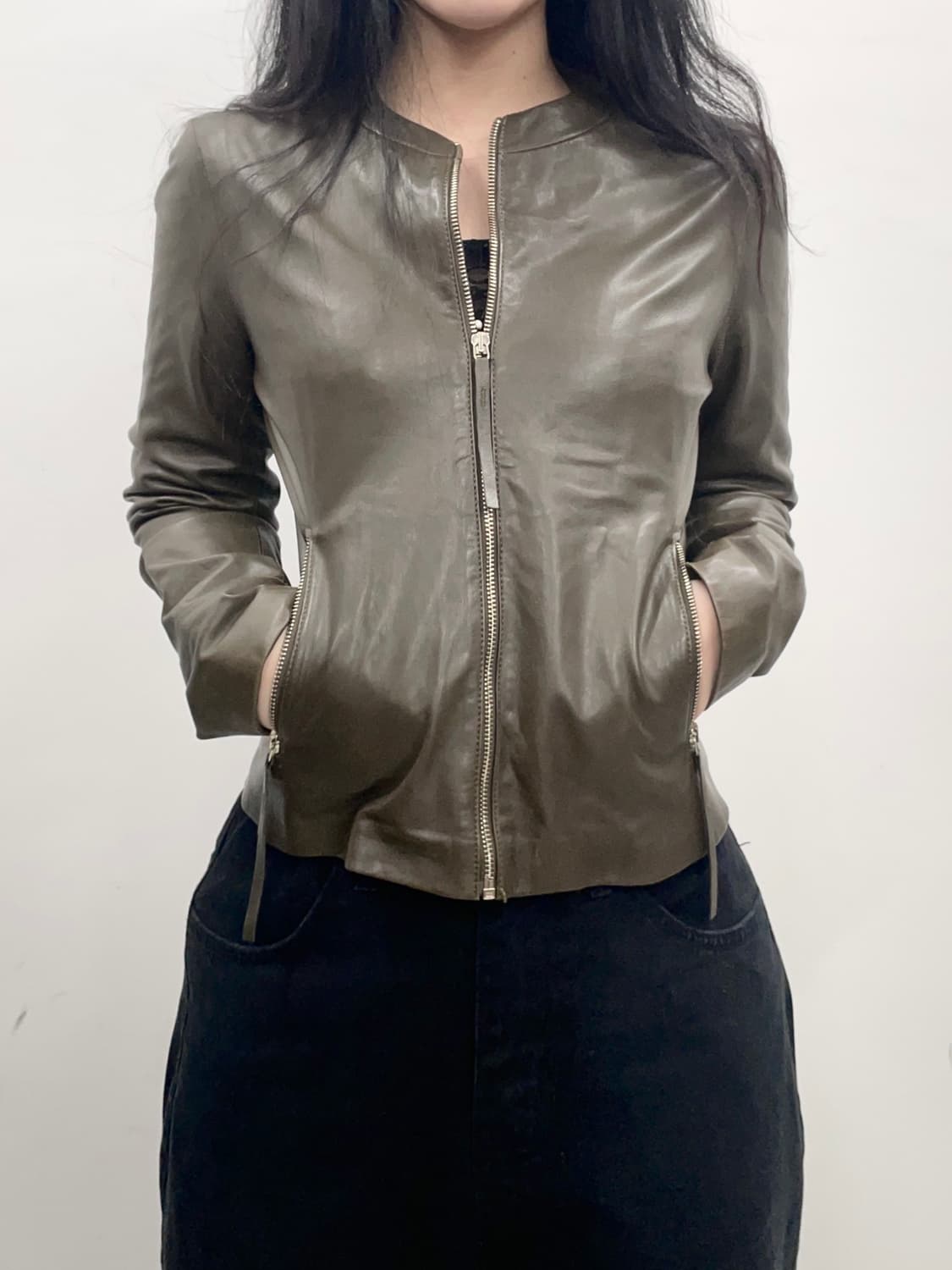 Khaki Slim Leather Jacket 상품이미지1