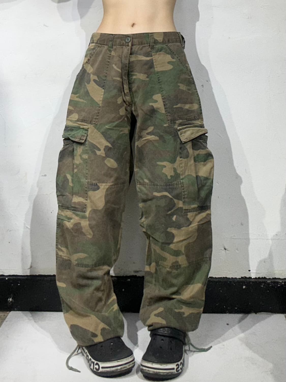 일본 빈티지 베이지 카모 와이드 카고 팬츠 M 상품이미지2