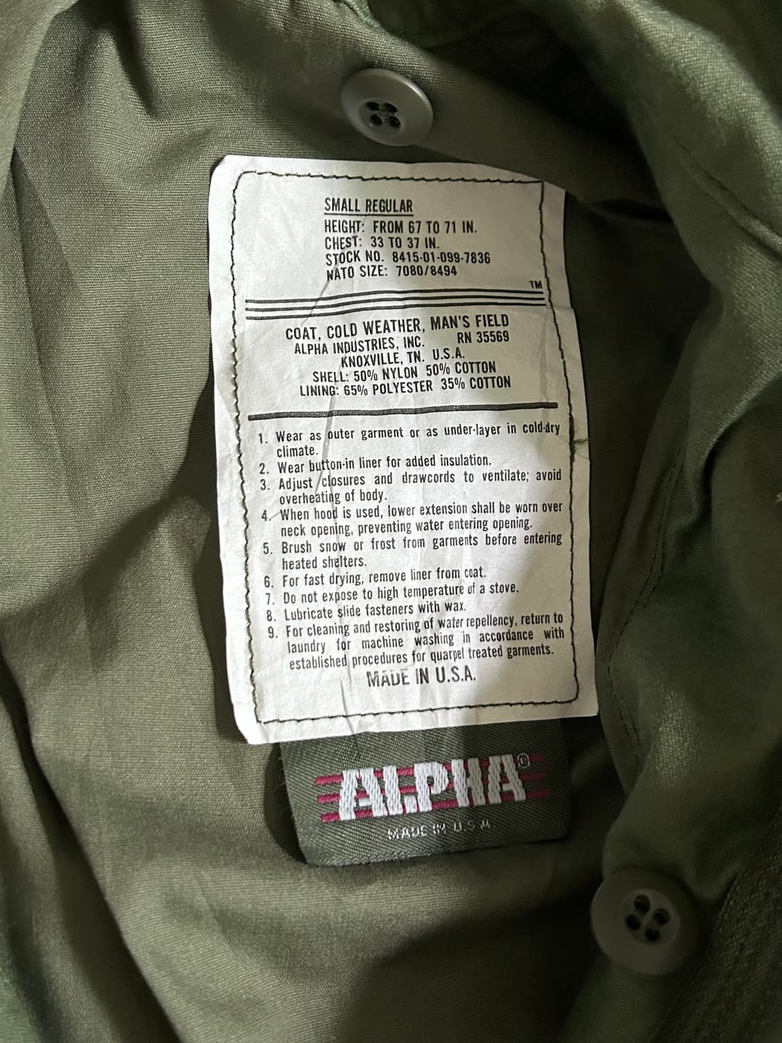 90s 알파인더스트리 민수용 m65 필드자켓 3세대 Made in USA 상품이미지4