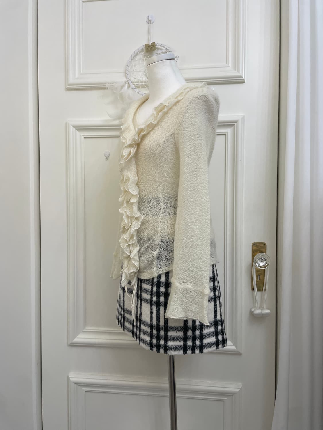 ivory black check wool midi skirt 상품이미지7