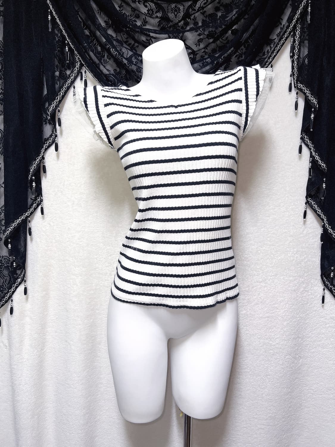 로맨틱갸루 스트라이프 프릴레이스 반팔 로걀탑 베메클 히메 오네 헤이세이 상품이미지7