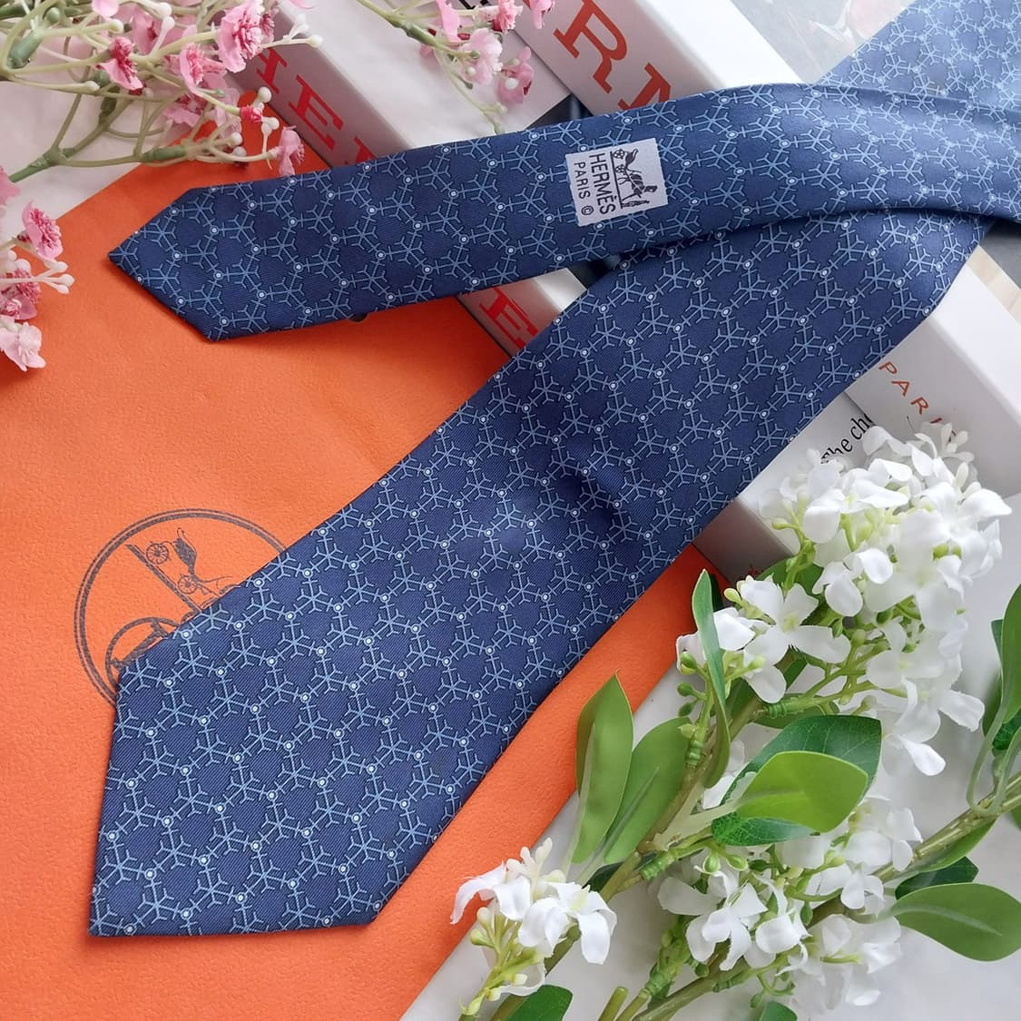 에르메스 실크 네이비 패턴 넥타이 9cm B등급 K2444 상품이미지3