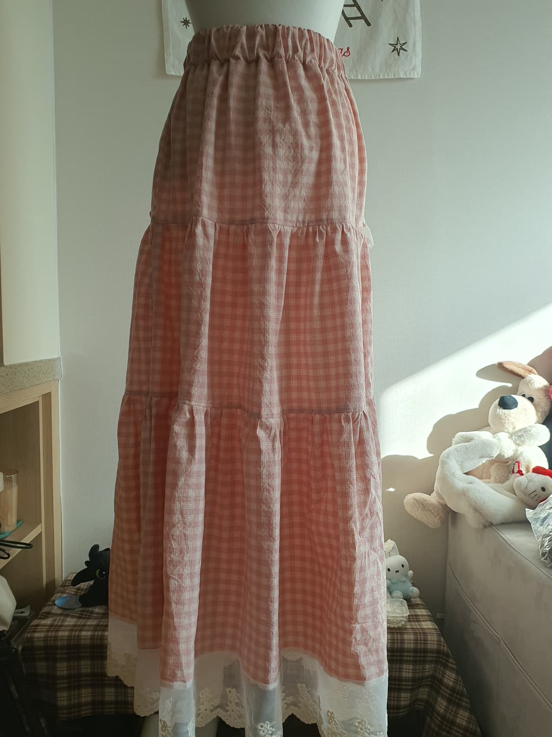 [핸드메이드] 핑크 체크 캉캉 롱 스커트 레이스 상품이미지4