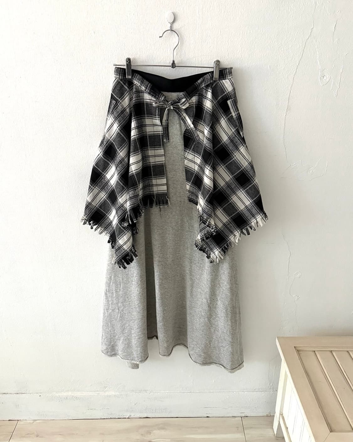 Check layered skirt+gray long skirt set 상품이미지1
