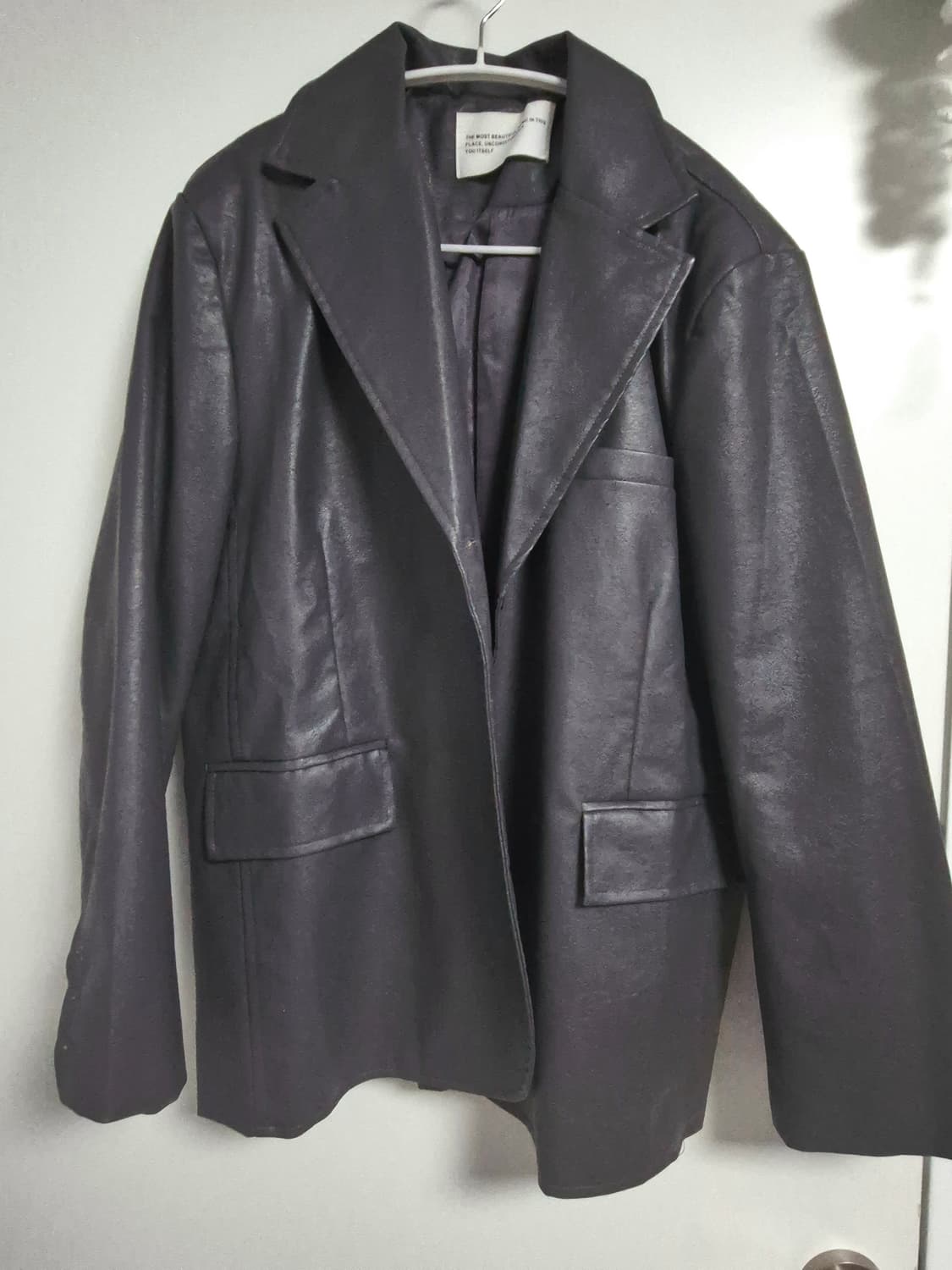 비건 크랙 오버핏 싱글 버튼 블레이저 레더 자켓 [그레이] 상품이미지2