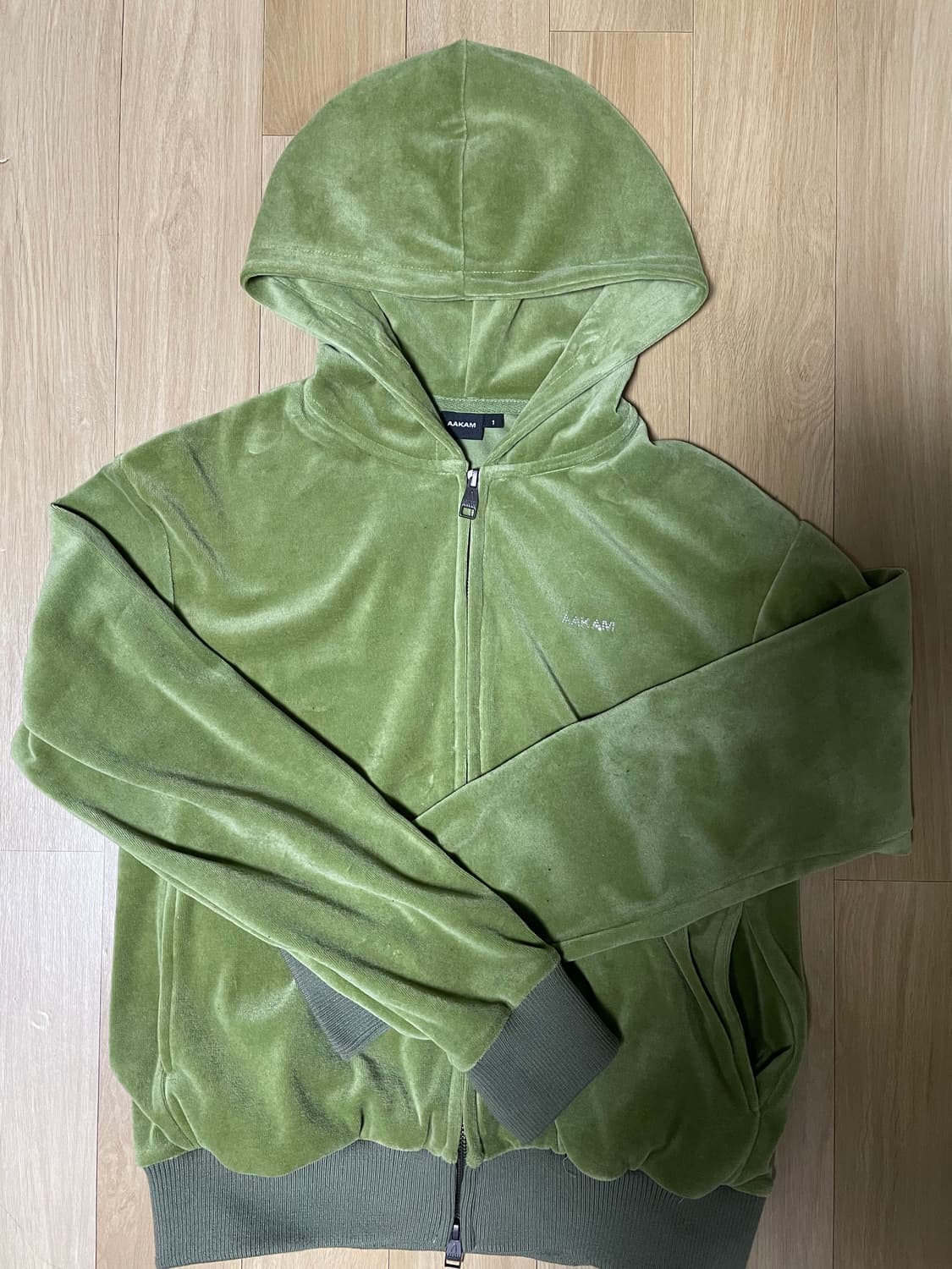 Rhinestone Velour Zip-Up Hoodie (Green) 상품이미지4