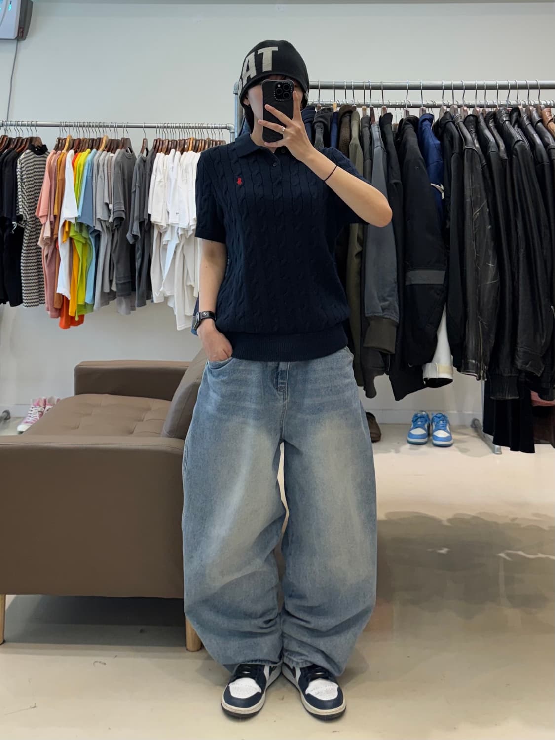 플로 꽈배기 카라넥 반팔 니트 네이비 상품이미지4