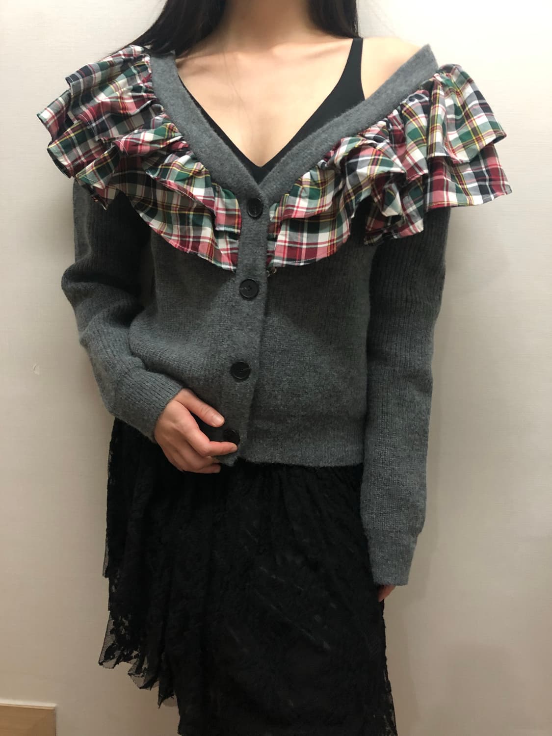 빈티지 그레이 체크 프릴 레이어드 가디건 상품이미지4