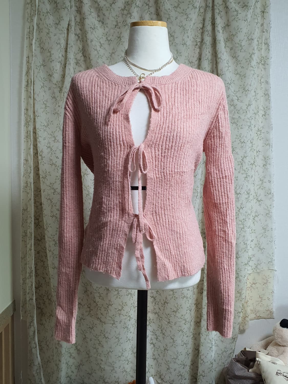 [일본빈티지] 핑크 리본 숏 가디건 니트 발레코어룩 상품이미지1
