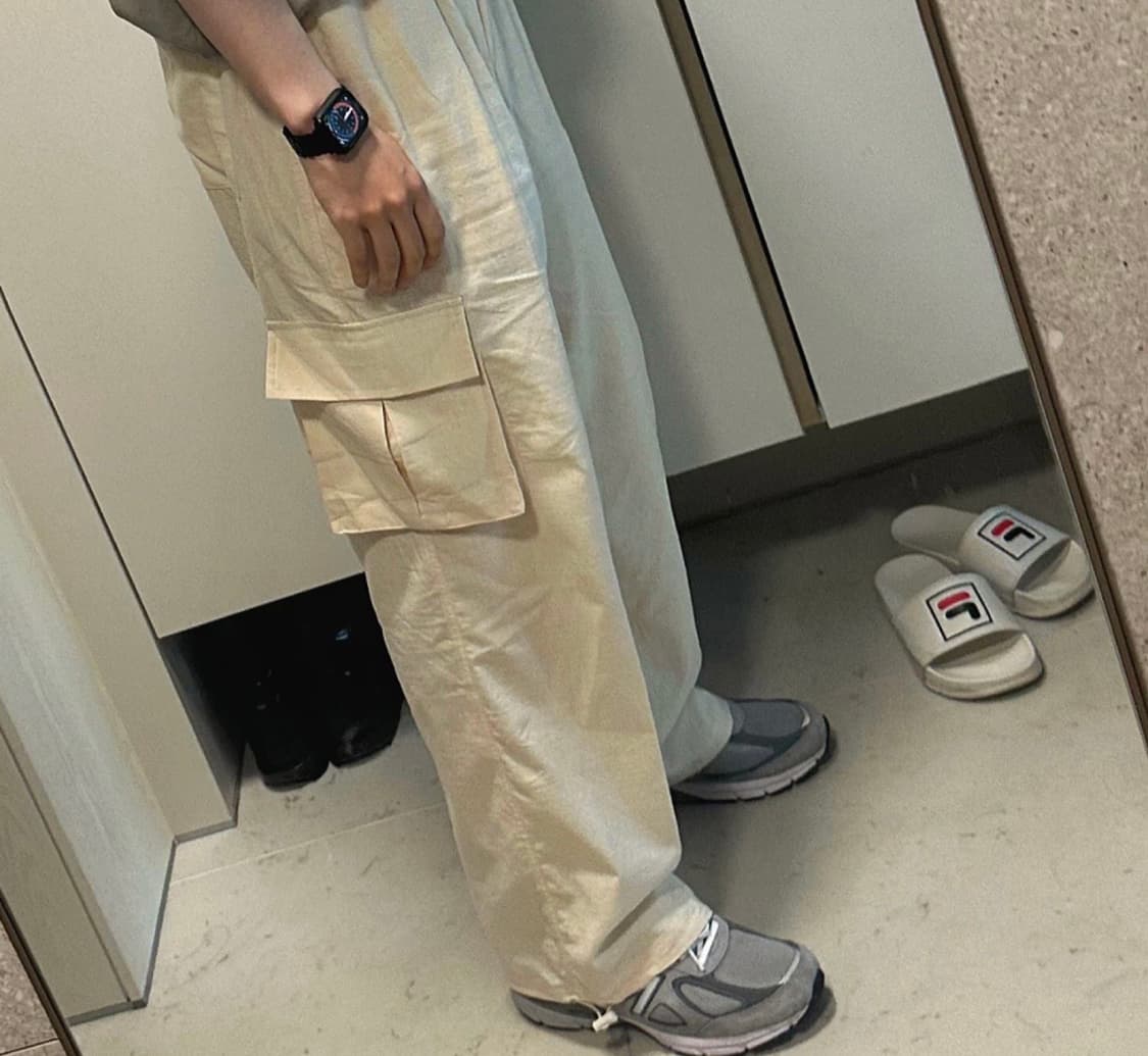 굿 라이프웍스 린넨 카고 와이드 팬츠 크림색 M 상품이미지4