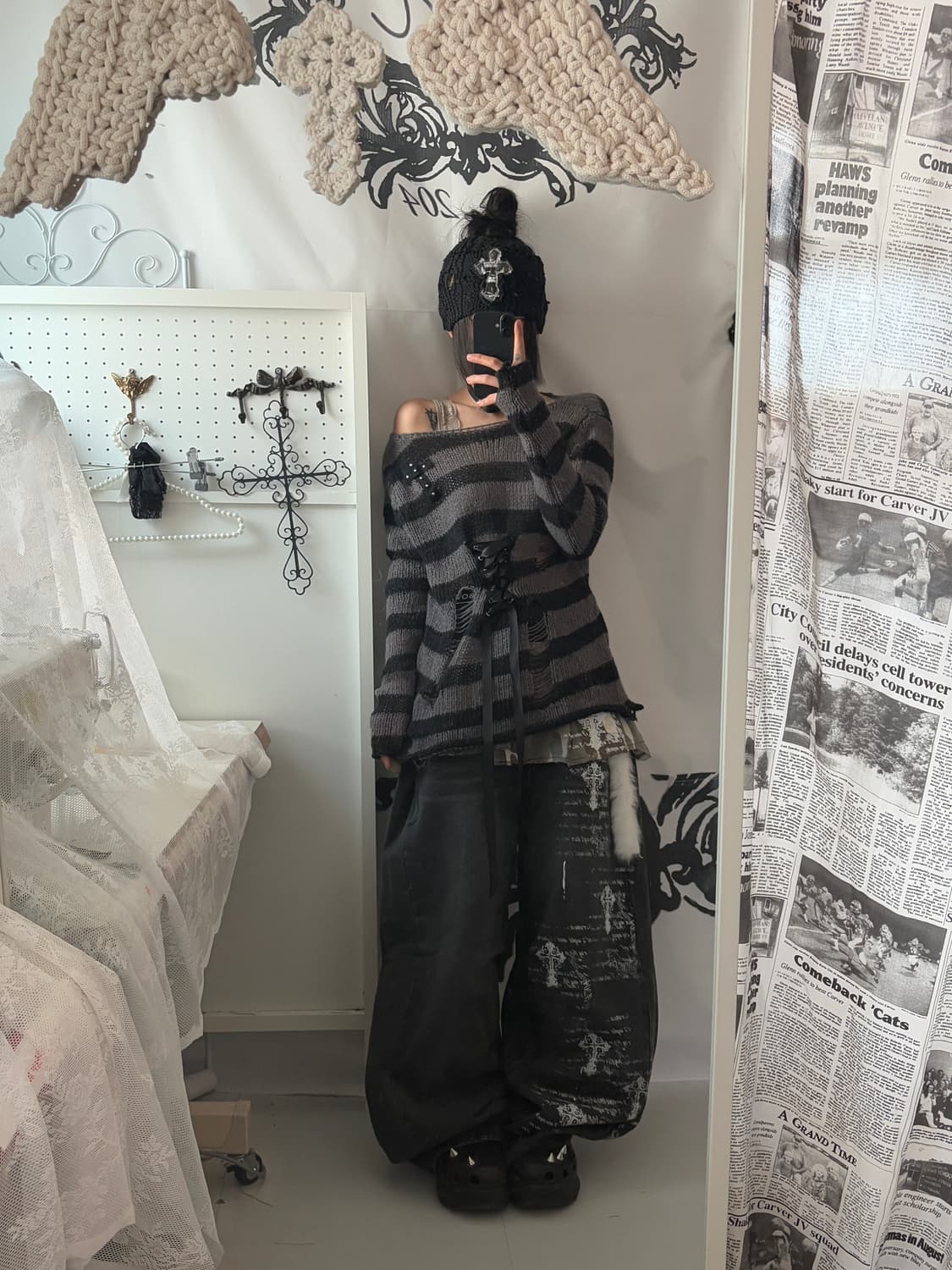 • striped eyelet cross knitwear 상품이미지3