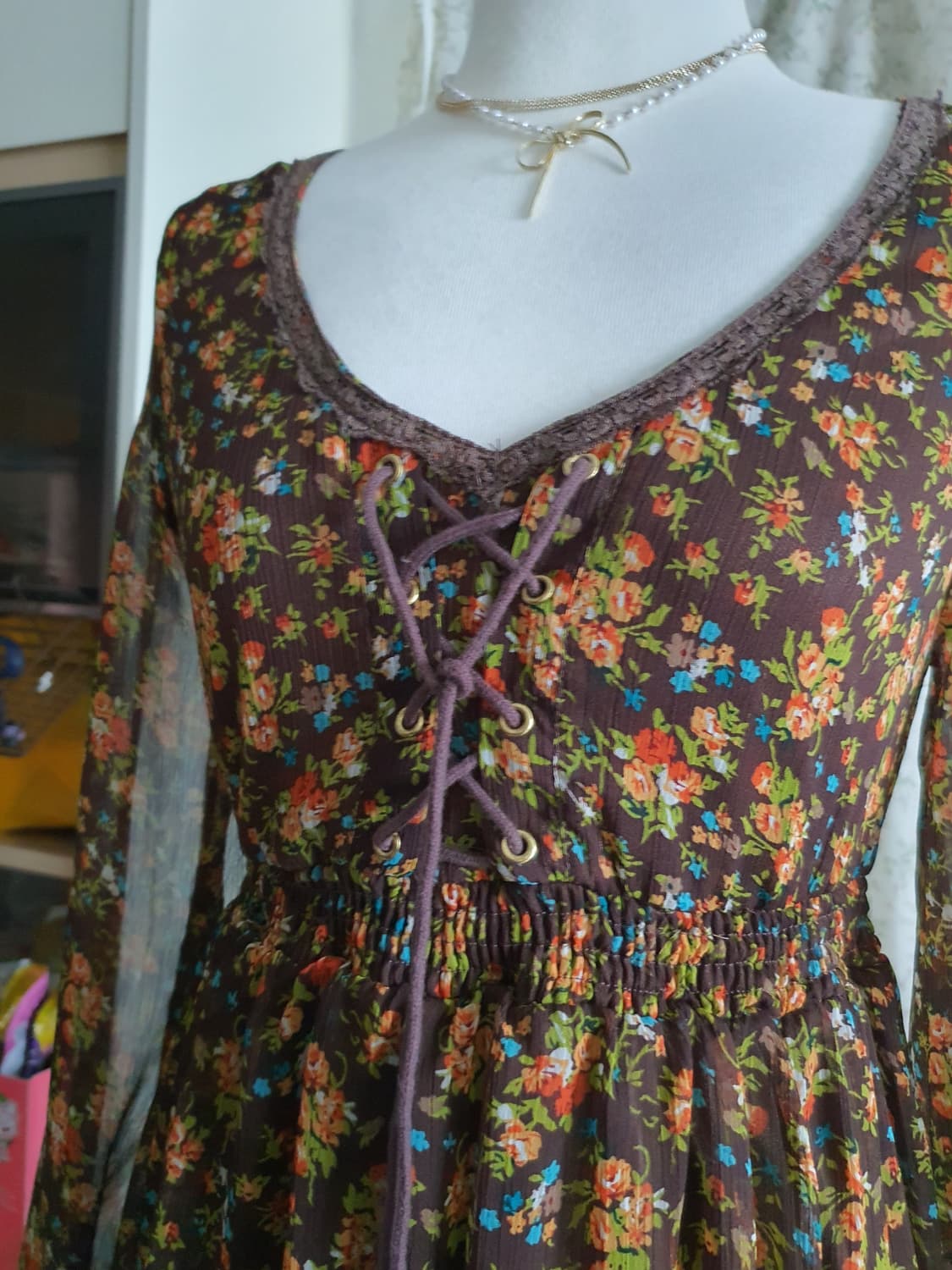 [히피룩] 플라워 패턴 롱 슬리브 쉬폰 미니 원피스 상품이미지2