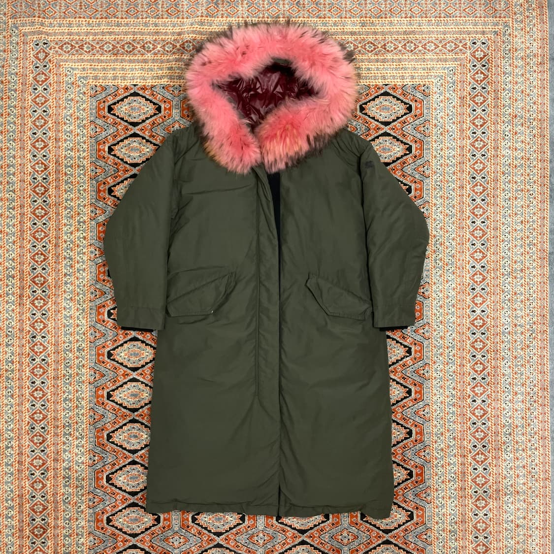 코오롱스포츠 카키 덕다운 핑크 후드퍼 야상 롱 패딩 점퍼 여성L 상품이미지1