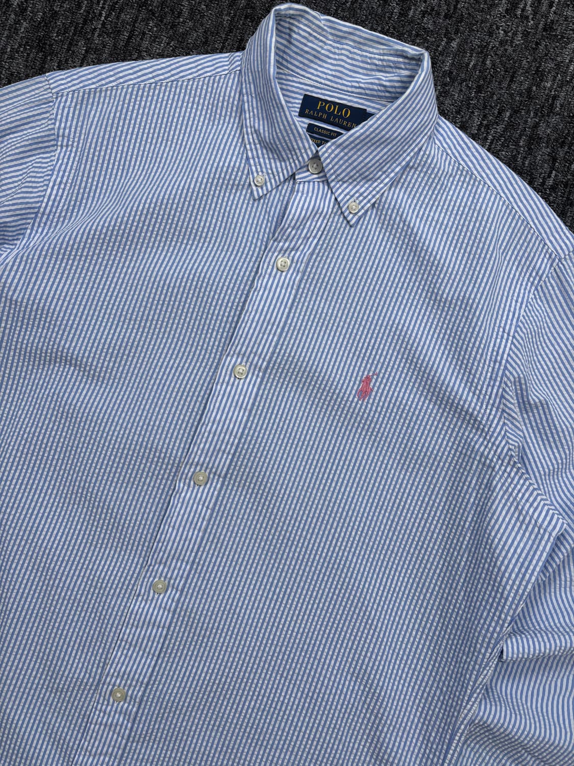 폴로 블루 클래식 핏 시어서커 스트라이프 셔츠 상품이미지5