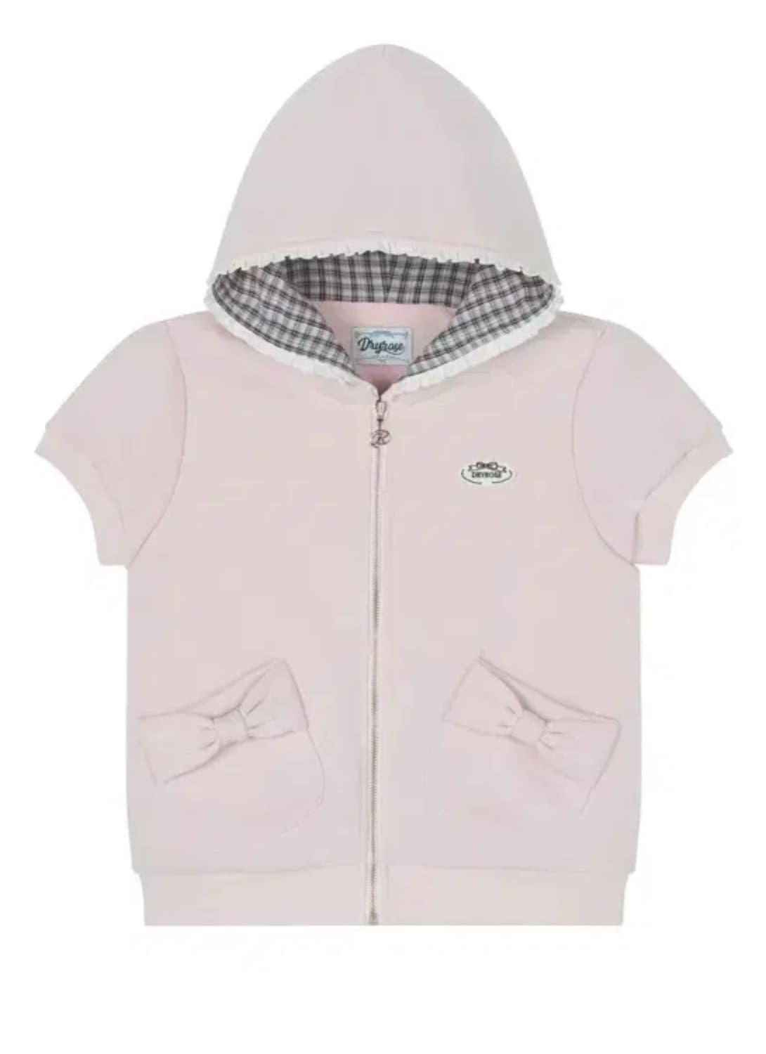 드라이로즈 리본 체크 숏슬리브 후디 핑크 상품이미지1