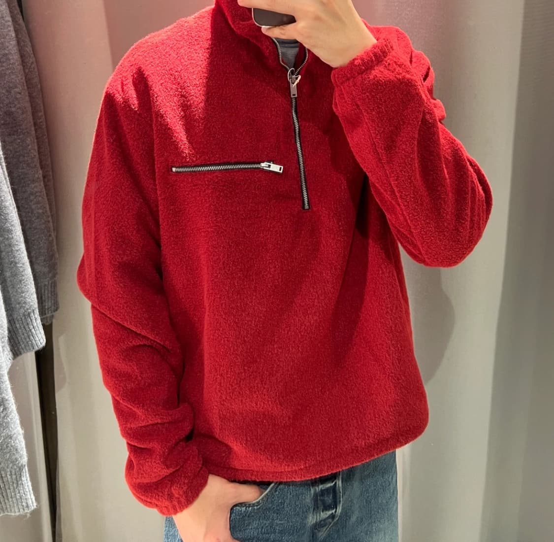 새제품 Zara 자라 플리스 레드 지퍼 칼라 스웨트 셔츠 상품이미지3
