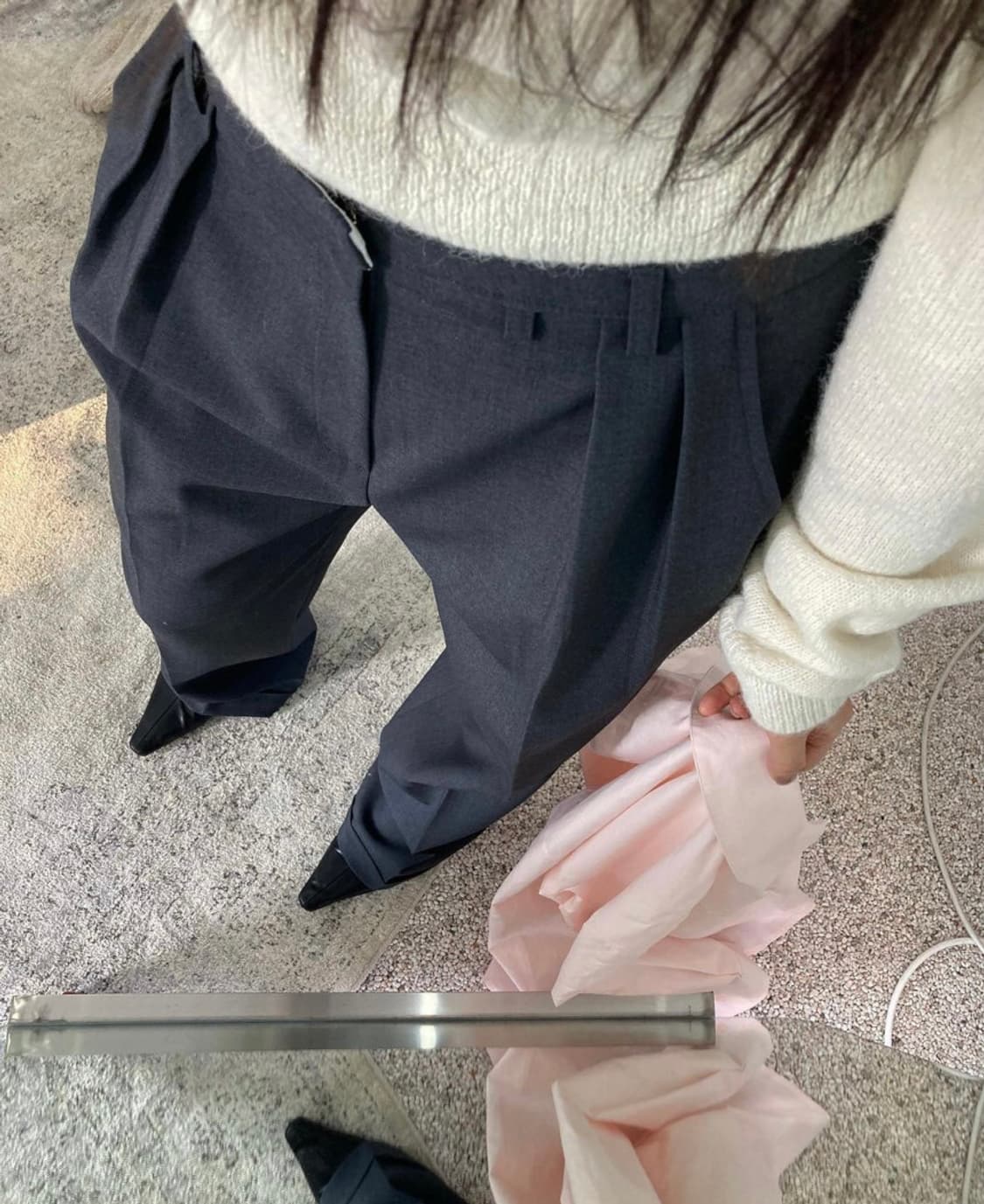 런던플랏 로우라이즈 핀턱 슬랙스 민트/블랙 상품이미지3