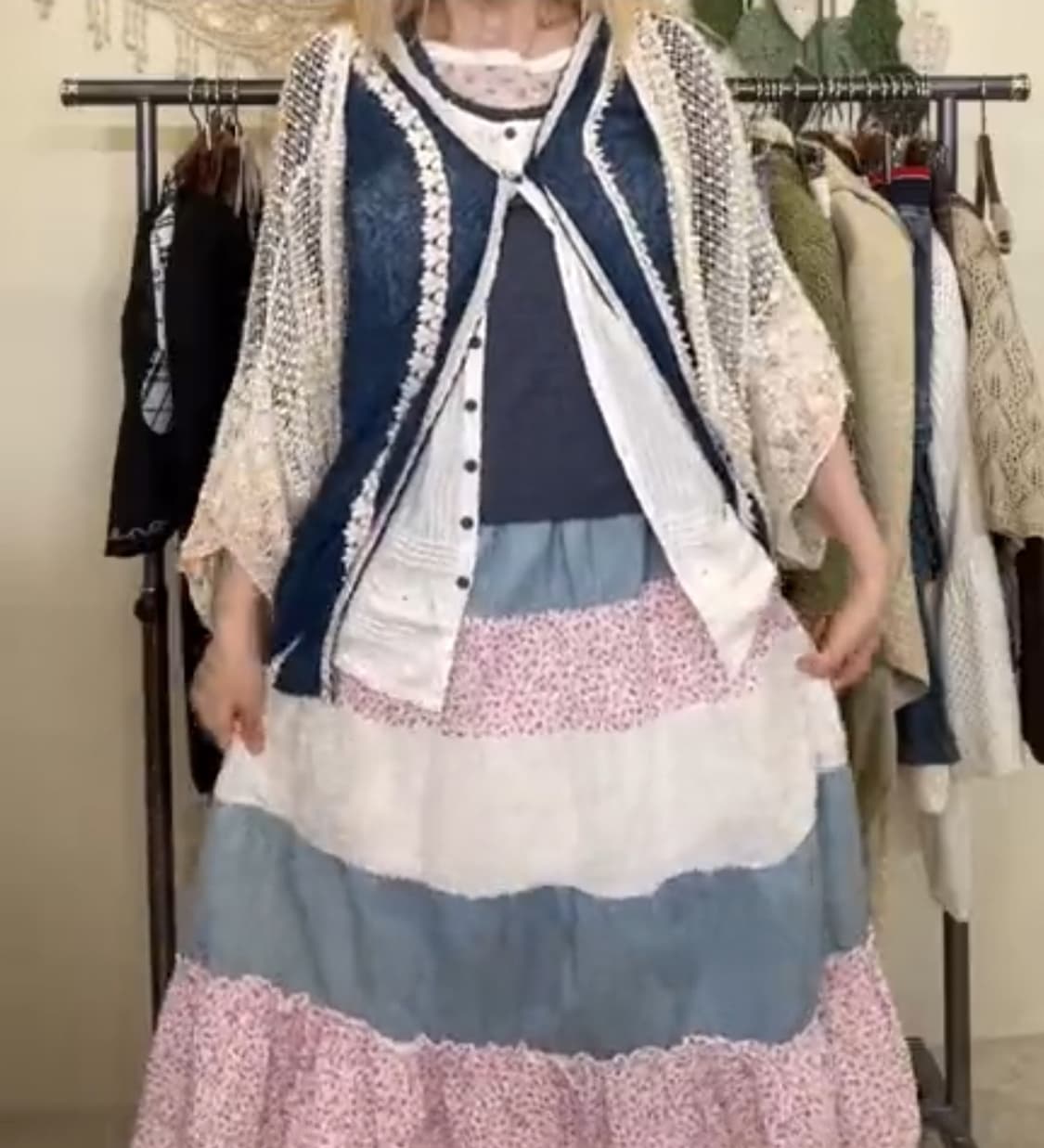 크루빈티지 코디 세트 코디셋 빈티지 모리걸 하구미 패치 스커트 핑크 블루 상품이미지1