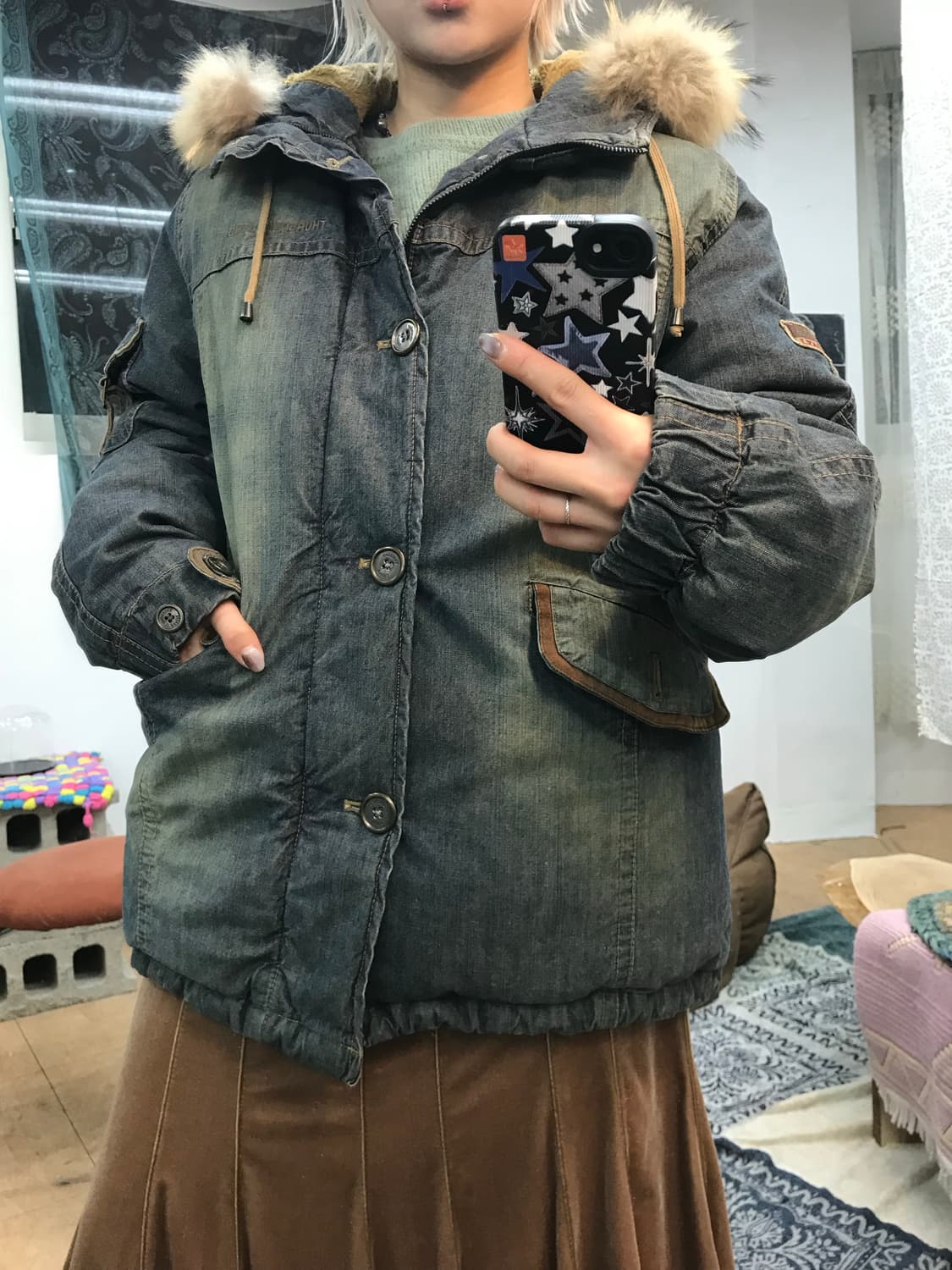 썰스데이아일랜드 오리털 데님 하프패딩  상품이미지1