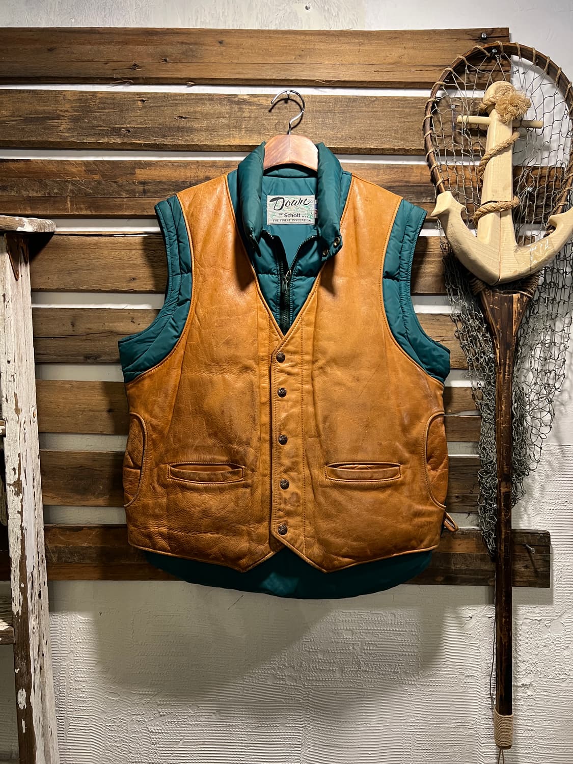 [M]90's 쇼트 USA Made 레더 베스트 분리형 그린 다운 패딩 상품이미지2