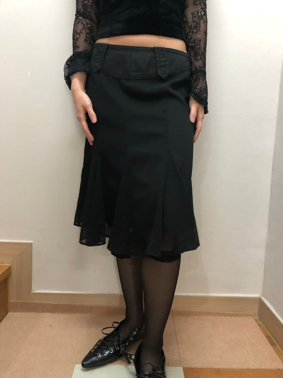 빈티지 블랙 쉬폰 미디 스커트 상품이미지6
