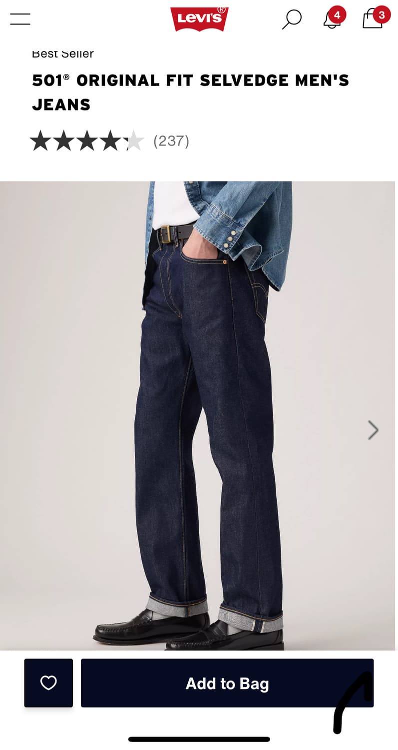 리바이스 501 오리지널 셀비지 34x32 1회 세탁 후 1회 착용 판매 상품이미지8